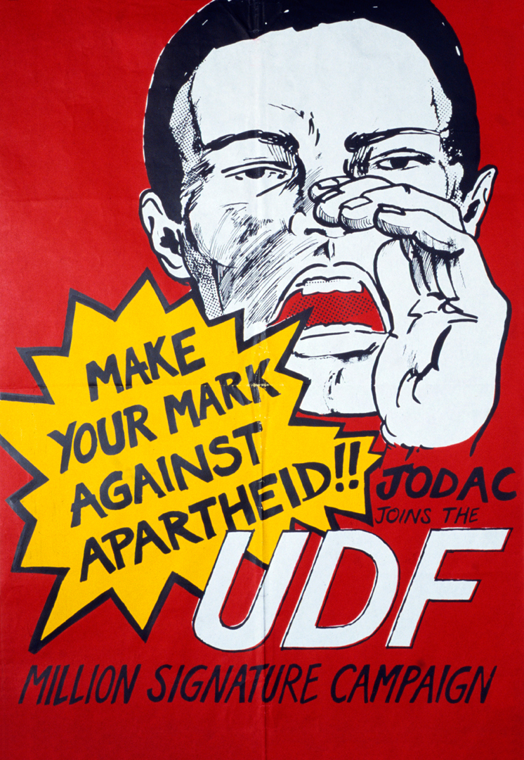 <p>The United Democratic Front (UDF), a mass movement fighting for the overthrow of apartheid, is established as an umbrella body for civic associations, progressive churches, and trade and student unions.</p>